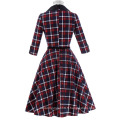 Belle Poque Retro Vintage Grid Pattern 3/4 Sleeve Lapel Collar Cotton Swing Party Picnic Dress BP000259-1